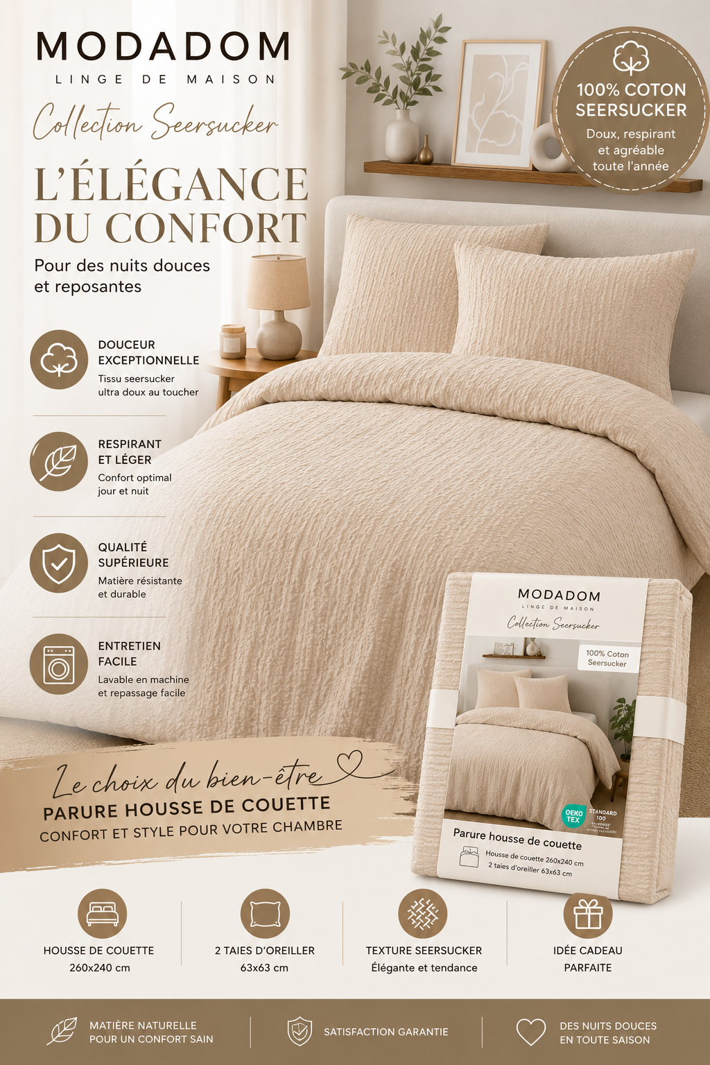 Parure housse de couette seersucker Modadom 100% coton - certifiée OEKO-TEX