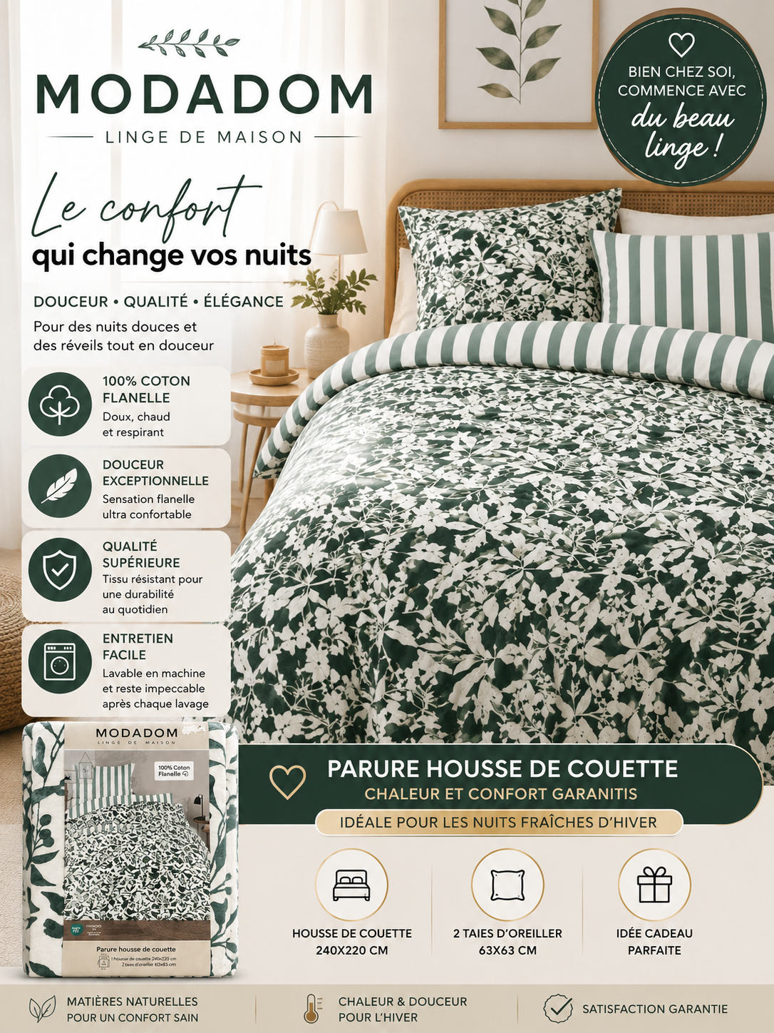 Parure housse de couette flanelle Modadom 100% coton - motif floral vert et blanc