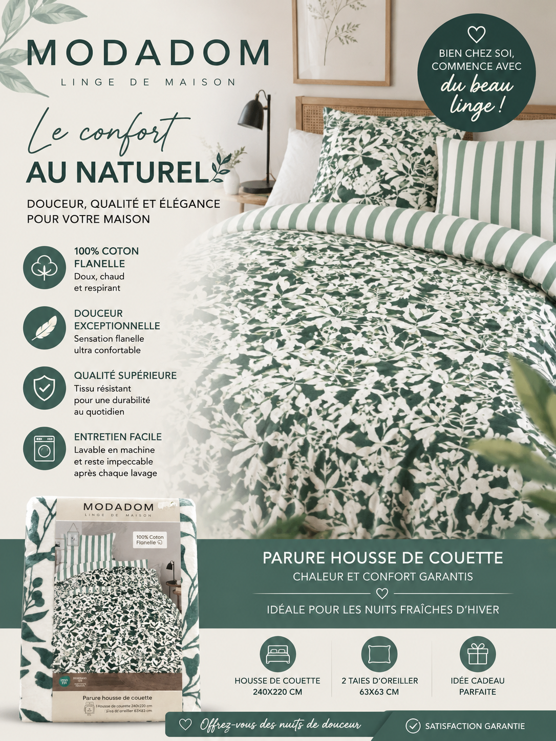 Housse de couette flanelle Modadom - taies d'oreiller assorties