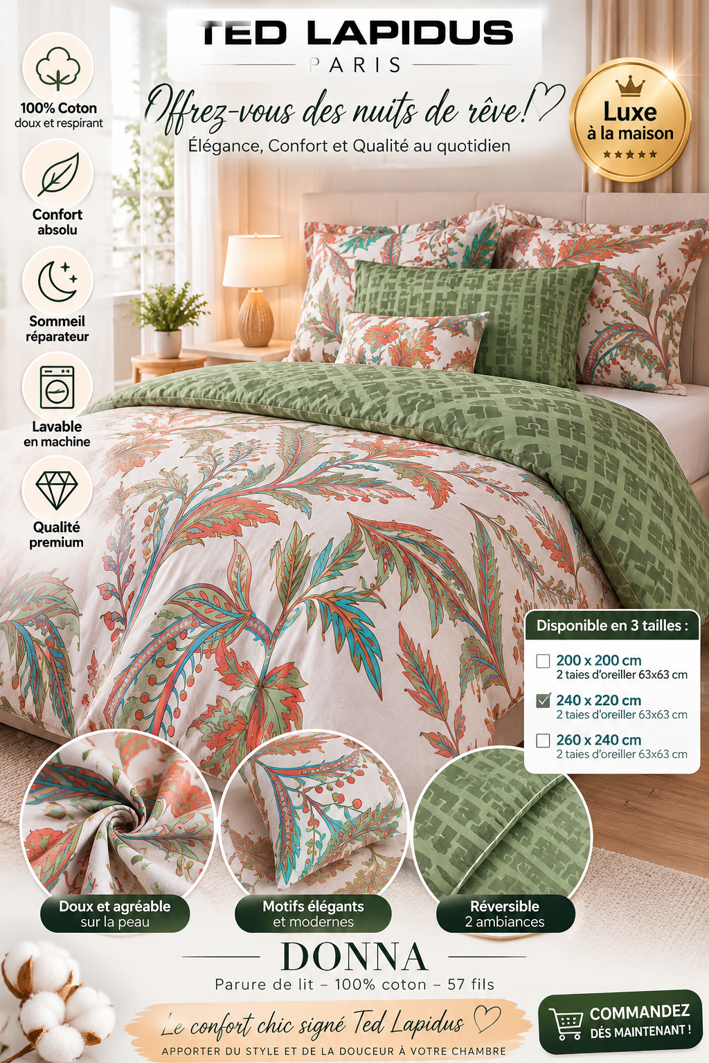 Parure de lit Donna Ted Lapidus Paris 100% coton 57 fils - motif floral vert et terracotta