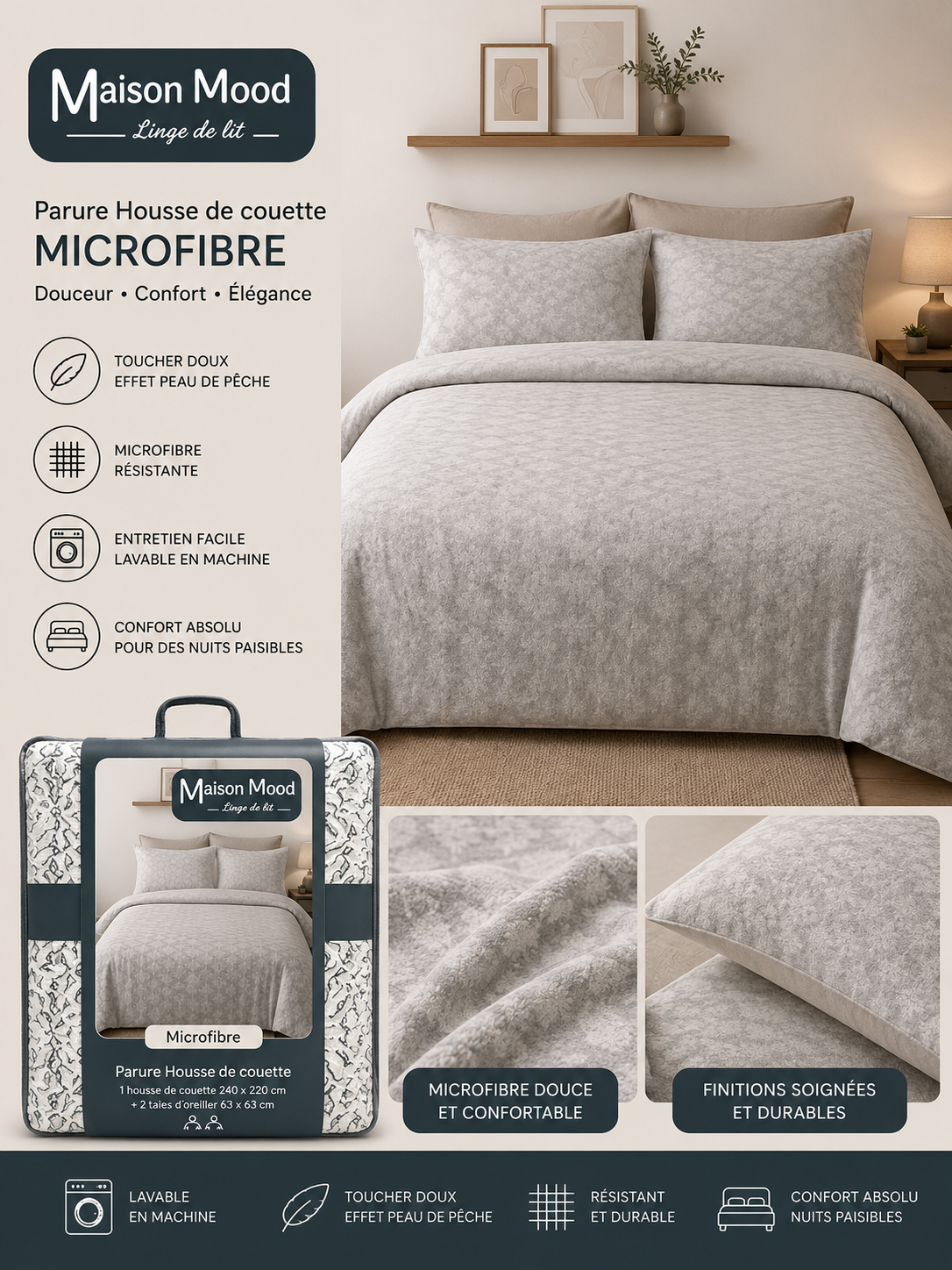 Parure housse de couette microfibre florale Maison Mood - motif gris et beige effet peau de pêche