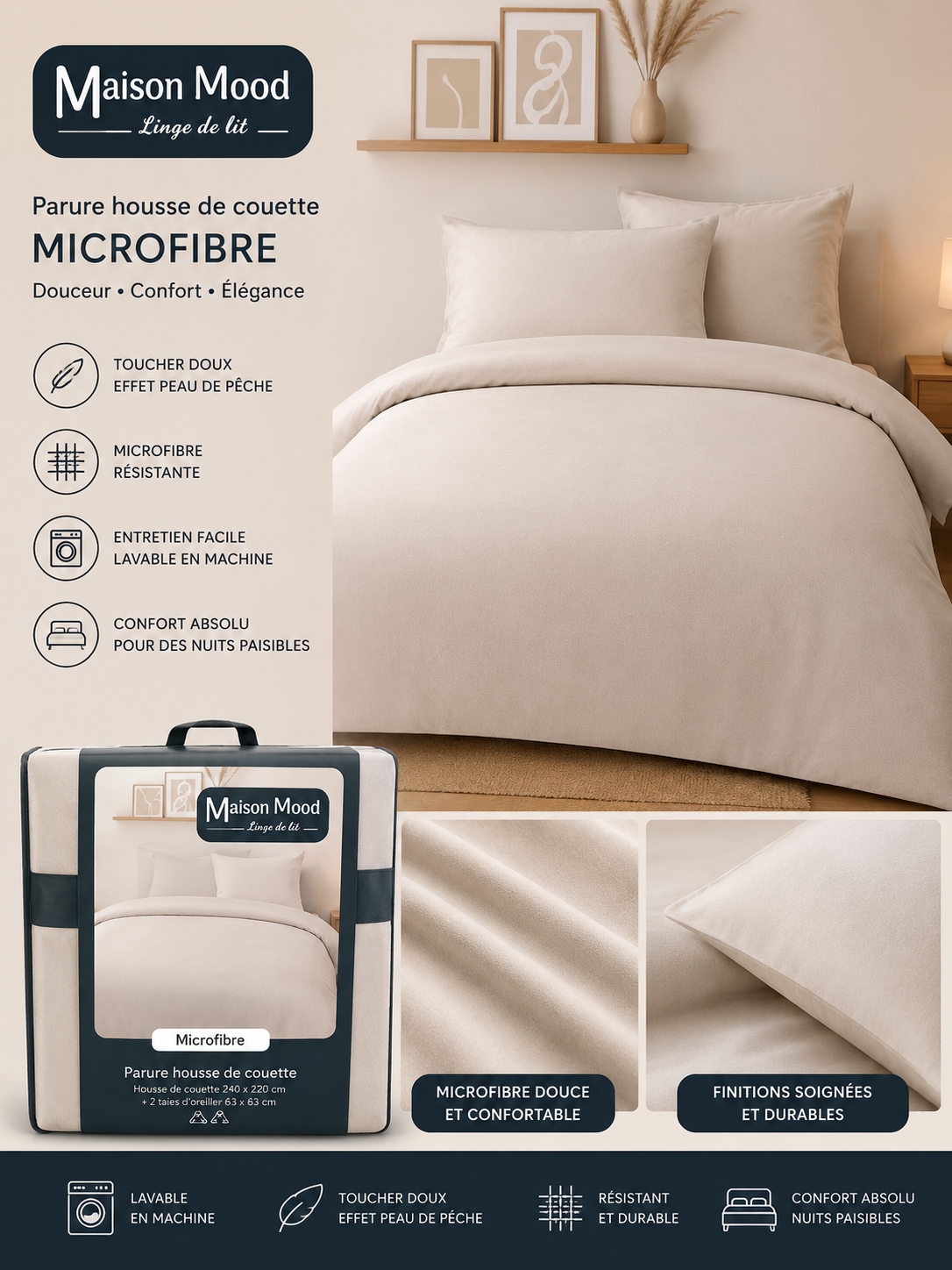 Parure housse de couette microfibre Maison Mood effet peau de pêche - coloris beige