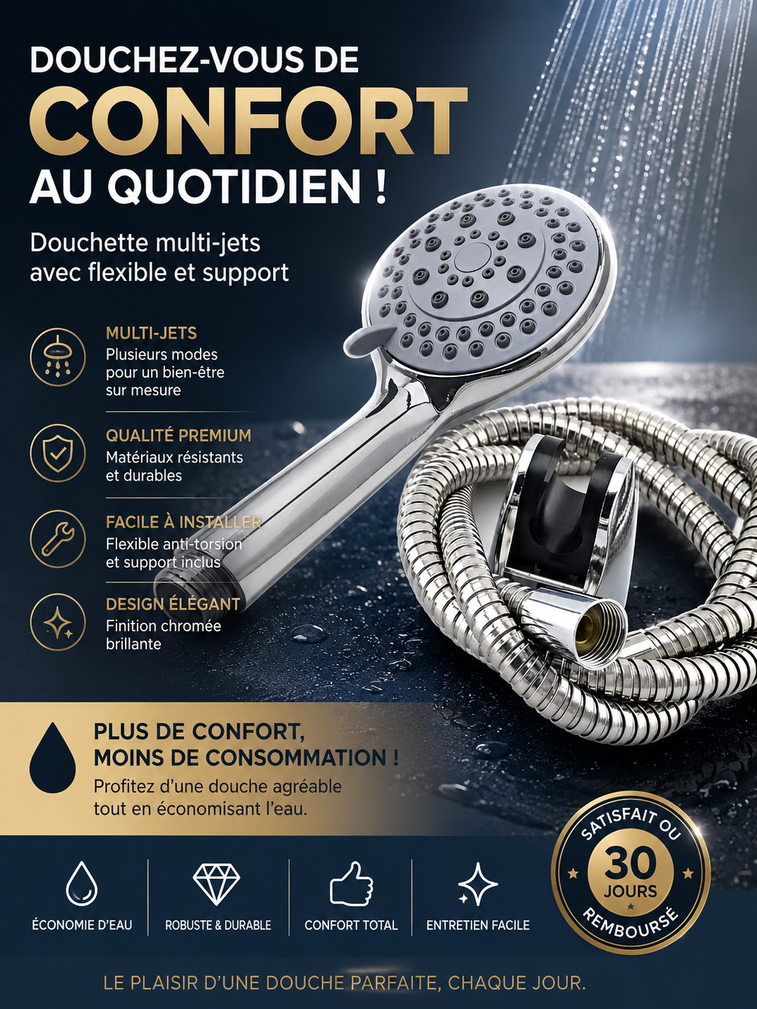 Douchette multi-jets chromée avec flexible et support - vue principale