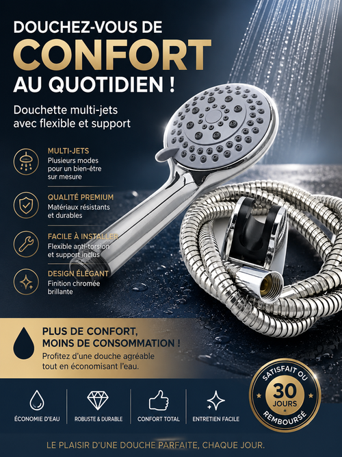 Douchette multi-jets chromée avec flexible et support - vue principale