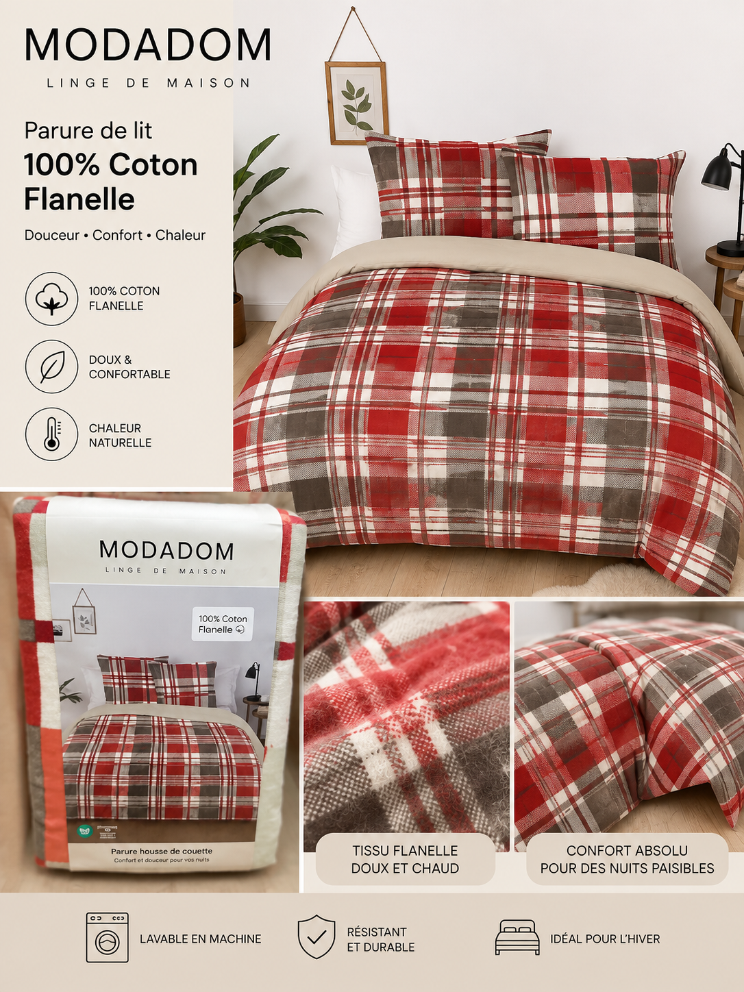 Parure de lit flanelle tartan Modadom - motif écossais rouge et gris