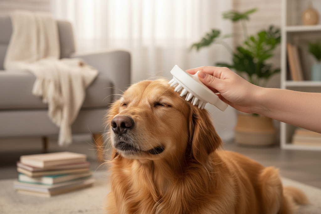 Brosse massage silicone blanche grands picots sur chien