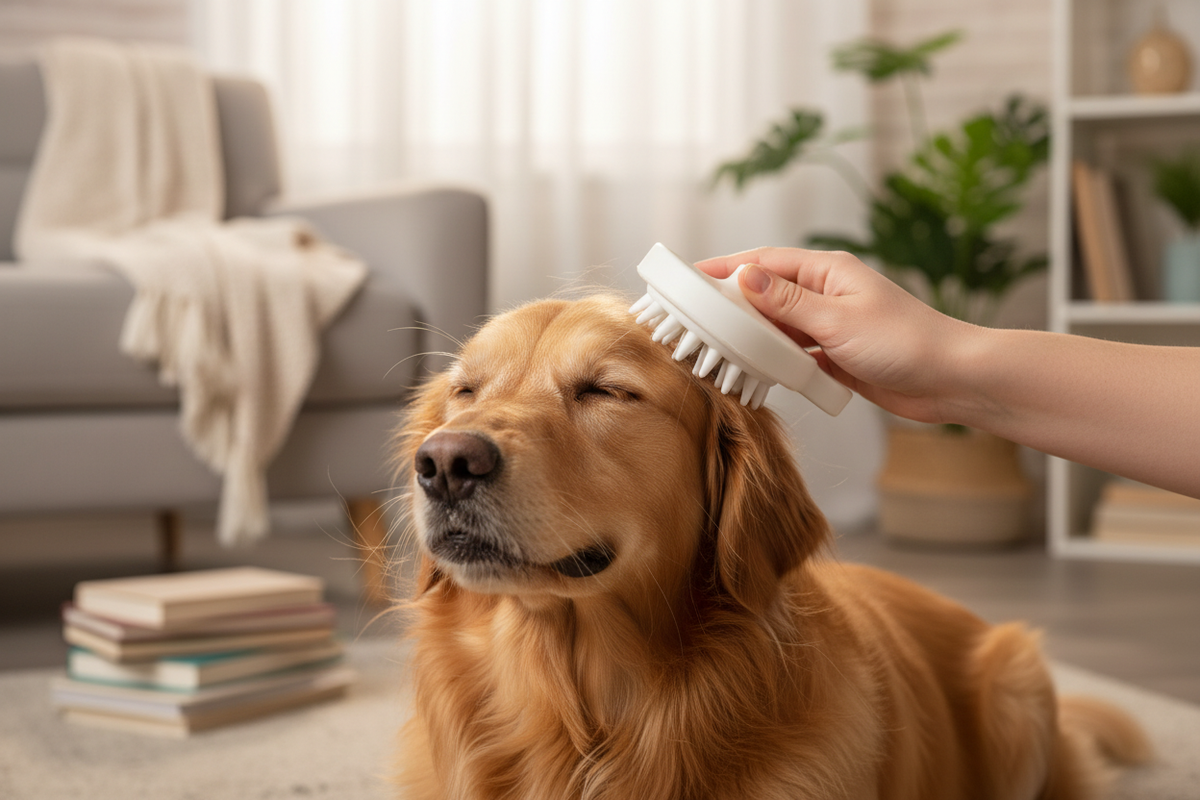 Brosse massage silicone blanche grands picots sur chien