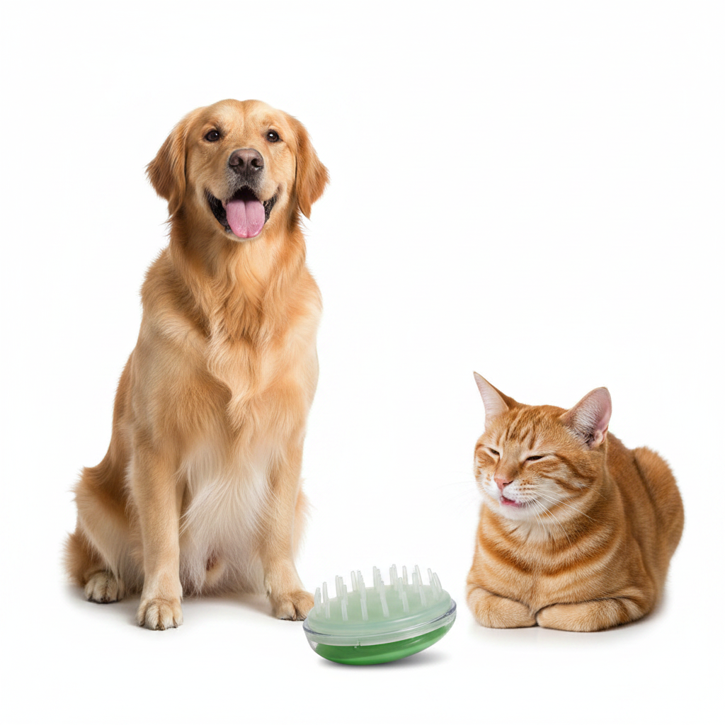 Brosse massage silicone verte chat et chien fond blanc