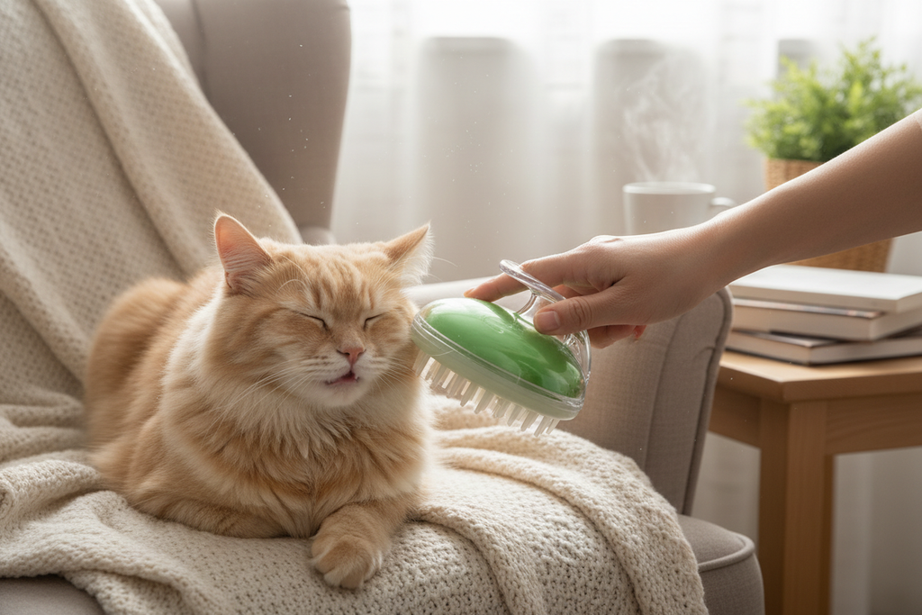 Brosse massage silicone verte sur chat lifestyle