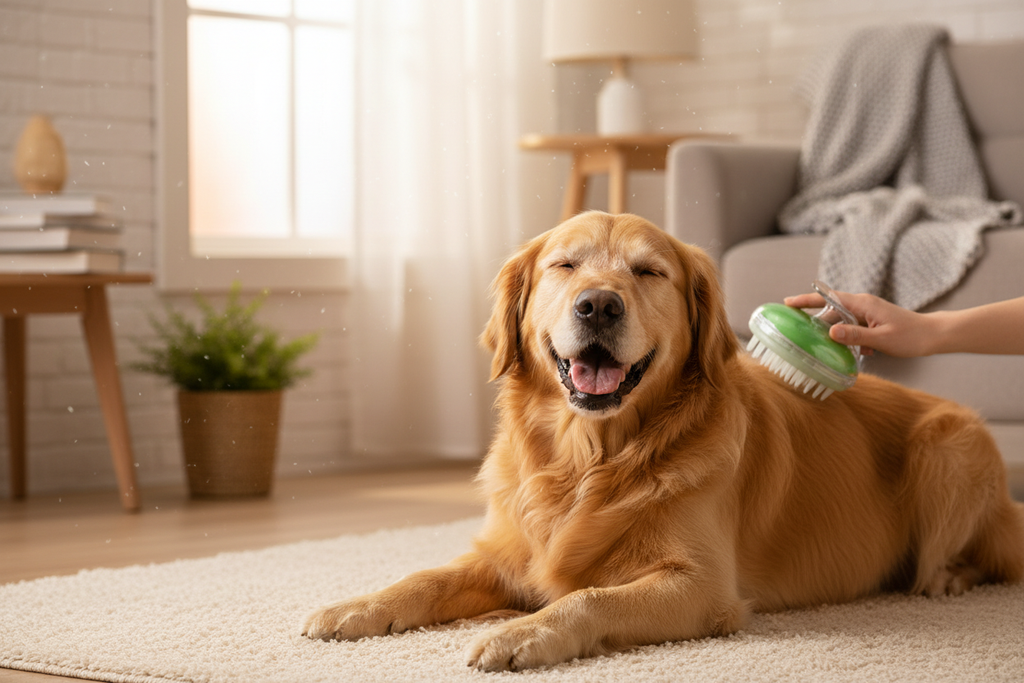 Brosse massage silicone verte sur chien lifestyle