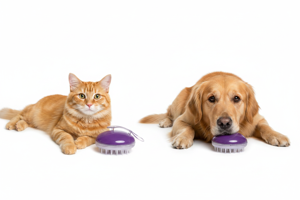 Brosse massage silicone violette chat et chien flat lay