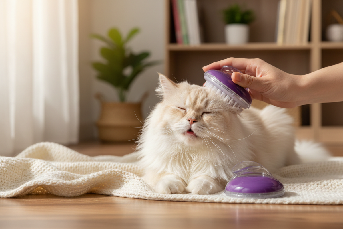 Brosse massage silicone violette sur chat lifestyle