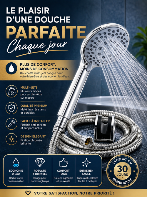 Douchette multi-jets chromée - flexible anti-torsion et support mural